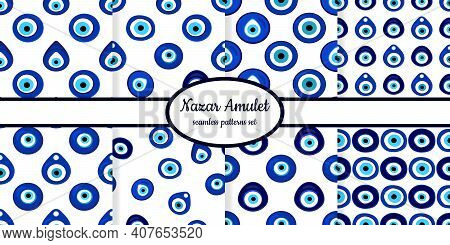 Collection Of Seamless Patterns With Nazar Amulet Symbols Designed For Web, Fabric, Paper And All Pr