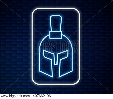 Glowing Neon Line Greek Helmet Icon Isolated On Brick Wall Background. Antiques Helmet For Head Prot
