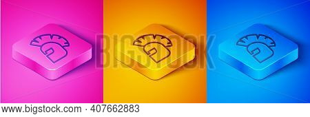 Isometric Line Greek Helmet Icon Isolated On Pink And Orange, Blue Background. Antiques Helmet For H