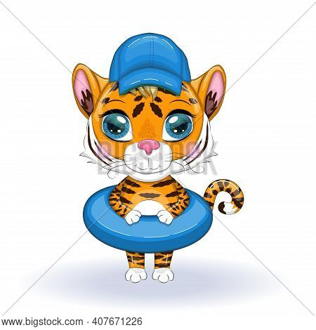 Cute Cartoon Tiger With Beautiful Eyes, Orange With A Circle For Swimming And Wearing A Hat. The Con