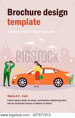 Drivers Upset About Car Breakdown. City Traffic, Engine Failure, Damage Flat Vector Illustration. Au