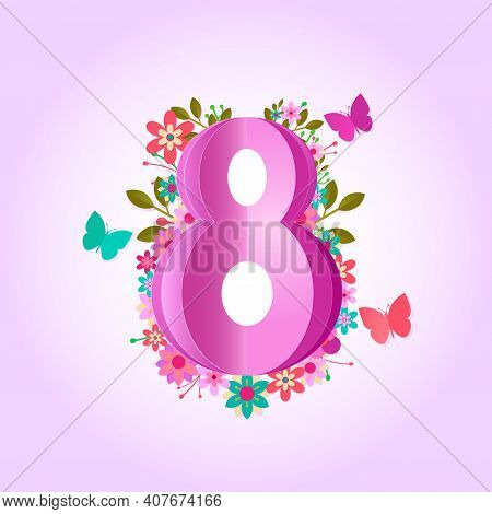 Women Day 8th March Holiday Greeting Card. 3d Papercut Female Symbol With Beautiful Spring Decoratio