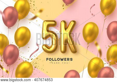 Five Thousand Followers Banner. Thank You Followers Vector Template With 5k Golden Sign And Glossy B