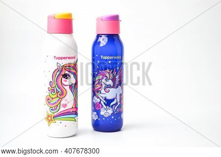 Klang,malaysia:february 11, 2021. Unicorn School Bottles Over White Background.