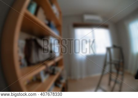 Blur Background Image Of Modern Room With Wooden Shelf  Interior Taken With A Fisheye Lens