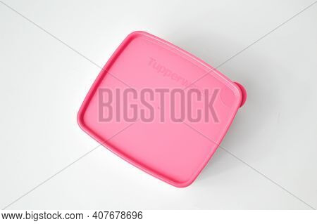 Klang,malaysia: February 11, 2021-plastic Food Container Over White Background. Tupperware Brand