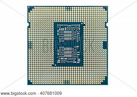 Top Macro Shot Of A Modern Cpu Processor Under The Lga 1200 Socket On A Green Circuit Board, Isolate