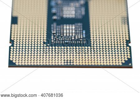 A Macro Photo Of A Modern Cpu Processor Under The Lga 1200 Socket On A Green Circuit Board, Isolated