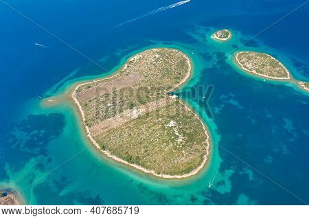 Aerial Drone Shot Of Heart-shaped Island Galesnjak In Dalamatia Croatia