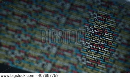 Software Development Monitor Screen Background. Developer Display With Source Code. Programming Conc