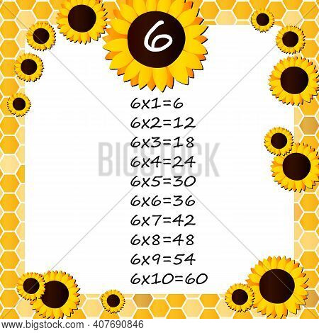 Multiplication Square. School Vector Illustration With Sunflowers And Honeycomb Shapes. Multiplicati
