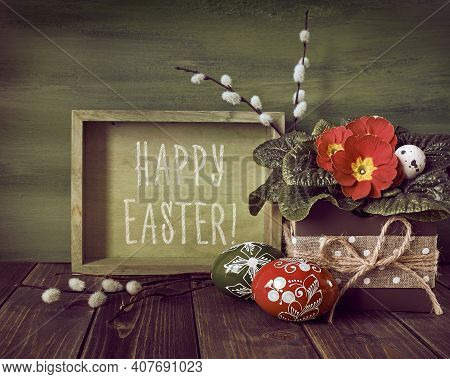 Text Happy Easter. Zero Waste Easter Without Plastic Easter Arrangement In Red, Green And Earth Colo