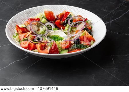 Greek Salad With Fresh Vegetables: Tomato, Cucumber, Red Bel Pepper, Lettuce, Onion, Olives And Chee