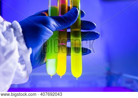 Fluorescein Glowing In Flask Under Ultraviolet Light. A Closeup Of Man Hand Holding Up A Vial  Fluor