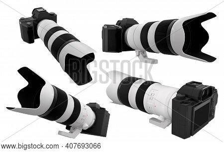 Concept Of Nonexistent Dslr Camera With Lens Isolated On A White Background With Clipping Path. 3d R