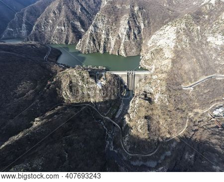 Aerial Panorama Of Dam Of Krichim Reservoir, Rhodopes Mountain, Plovdiv Region, Bulgaria
