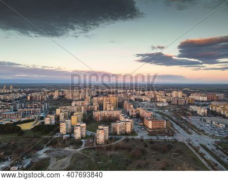 Plovdiv, Bulgaria - February 4, 2021: Aerial Sunset View Of Typical Residential Building From The Co