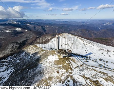 Buzludha, Bulgaria - January 24, 2021: Aerial View Of Abandoned Memorial House Of Bulgarian Communis