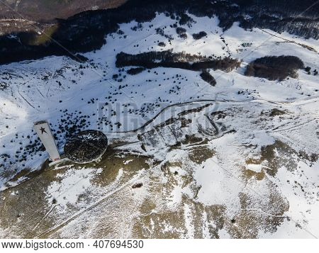 Buzludha, Bulgaria - January 24, 2021: Aerial View Of Abandoned Memorial House Of Bulgarian Communis