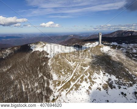 Buzludha, Bulgaria - January 24, 2021: Aerial View Of Abandoned Memorial House Of Bulgarian Communis