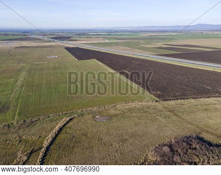 Aerial View Of Trakia Highway Passing Through Upper Thracian Plain Near City Of Stara Zagora, Bulgar