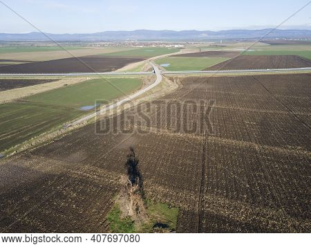 Aerial View Of Trakia Highway Passing Through Upper Thracian Plain Near City Of Stara Zagora, Bulgar
