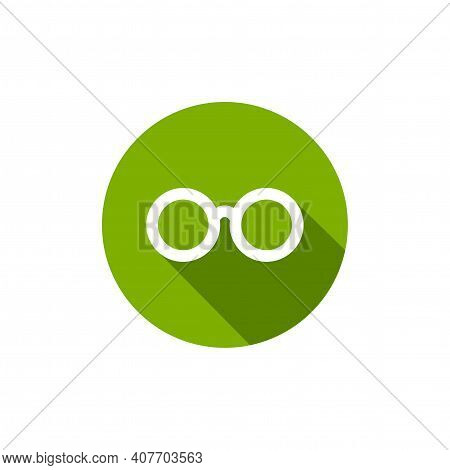 White Flat Round Glasses With Shadow In Green Circle Icon. Isolated On White. Unisex Student Eyeglas