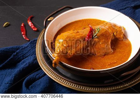 Food Concept Homemade Tikka Masala Chicken Or Red Curry On Black Background With Copy Space