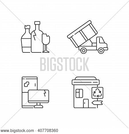 Garbage Management Linear Icons Set. Glass Recycling. Roll-off Truck. E-waste. Recycling Center. Cus