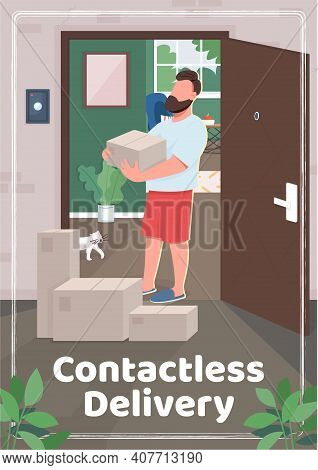 Contactless Delivery Poster Flat Vector Template. Receiving Food After Online Shopping. Brochure, Bo