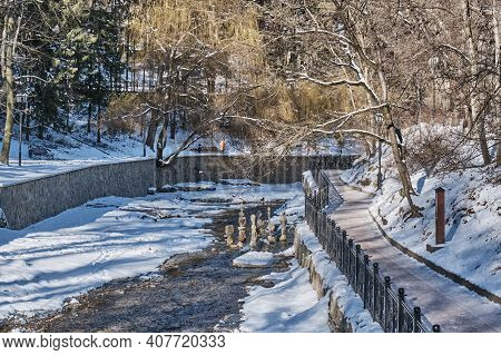 Winter Or Spring Landscape.olkhovka River And Embankment In The Beautiful National Resort Park Of Ki
