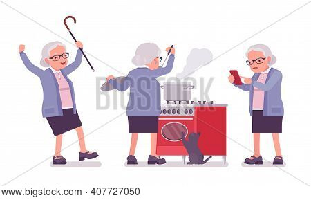 Old Woman, Elderly Person Cooking Food, Using Mobile Phone. Senior Citizen, Retired Grandmother Wear