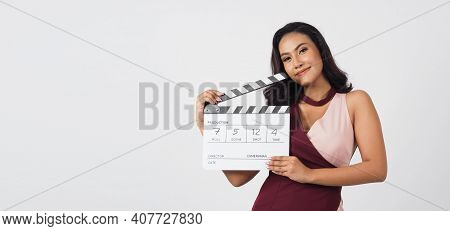 Asian Sexy Woman Hold White Clapper Board Write In Number, Isolated On White Background.she Have Tan