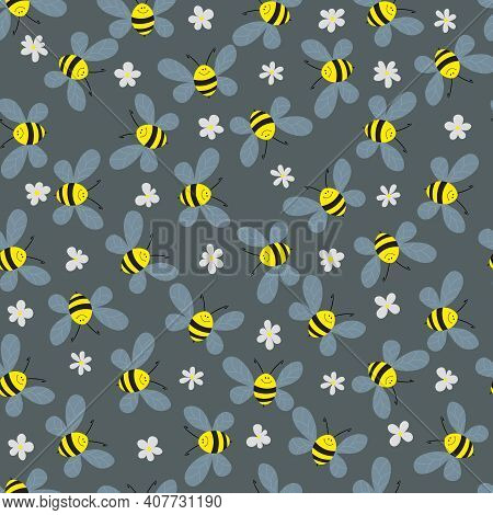 Seamless Pattern With Bees And Flowers On Grey Background. Adorable Cartoon Wasp Characters. Templat