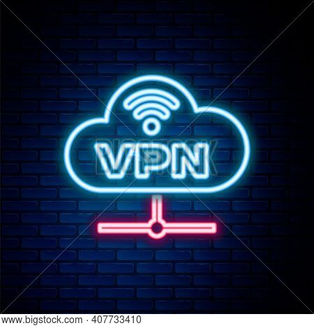 Glowing Neon Line Vpn Network Cloud Connection Icon Isolated On Brick Wall Background. Social Techno