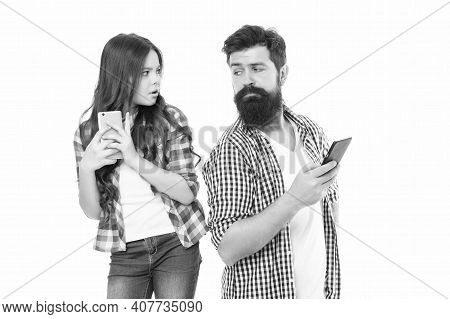 Privacy Concept. Privacy Online. Man Father And Little Girl Daughter With Smartphones. Leading With 