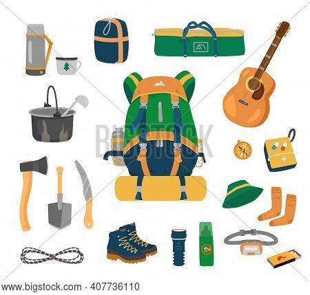 Camping Equipment Set. Backpack, Tent, Sleeping Bag, Thermos, Utensils,  Tools, Rope,hiking Boots, F