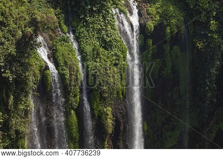 Close-up View Of The Fresh, Noisy And Intense Water In Tumpak Sewu Waterfall, In East Java, Indonesi