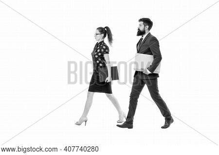 Employment Activity. Professional Couple Isolated On White. Employer And Employee. Sexy Woman And Hi