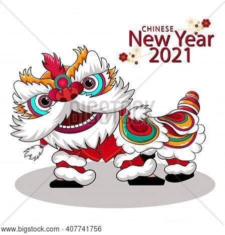 Vintage Chinese New Year Poster Design With Chinese Lion Dance.