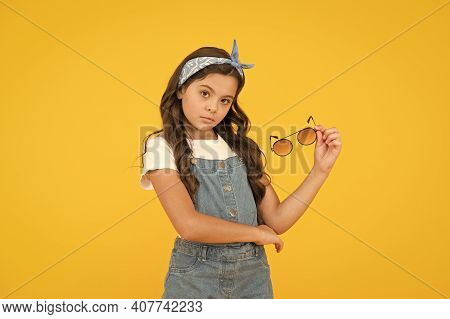 Confident Beauty. Beauty And Fashion. Happy Childhood. Retro Girl Fashionista. Small Kid Wear Summer