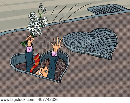 A Man In Love Was Going On A Date And Fell Into A Manhole, Valentines Heart Holiday. Cartoon Comic B