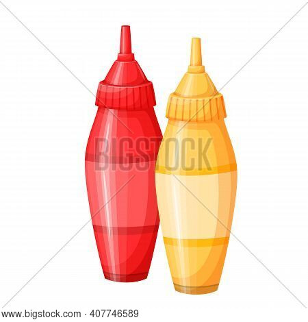 Mustard And Tonato Ketchup Vector Icon. Dispensers For Mustard And Ketchup, Fast Food Topping Squeez