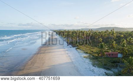 Drone Aerial View Of Deserted Tropical Beach In Ilheus Bahia Brazil.