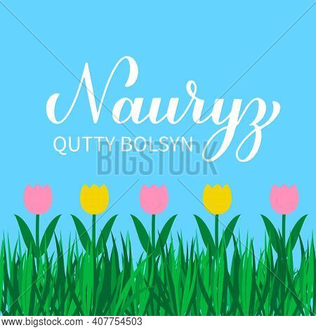 Happy Nauryz Calligraphy Hand Lettering In Kazakh Language. Spring Holiday In Kazakhstan. Vector Tem