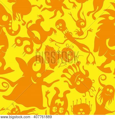 Seamless Background With Funny Cartoon Good Monsters