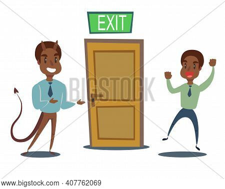 Evil Devil Businessman Invite Men To Opened Door. Stock Flat Vector Illustration.