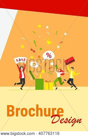 Customers Celebrating Sale. People Holding Gift, Credit Card, Loudspeaker, Dancing, Having Fun. Vect