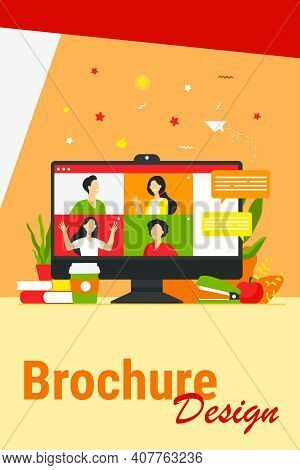 Desktop With Virtual Meeting Or Videoconference Isolated Flat Vector Illustration. Cartoon People On