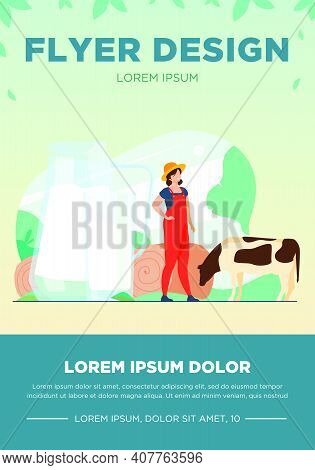 Fresh Milk In Glass Jug. Cow Pasturing On Farming Field. Vector Illustration For Farm Food, Nutritio